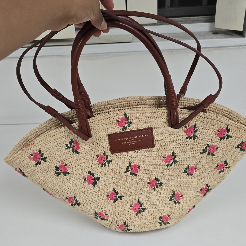 Sezane Justine Basket Bag Embroidered Pink Flowers Raffia - Picture 3 of 14
